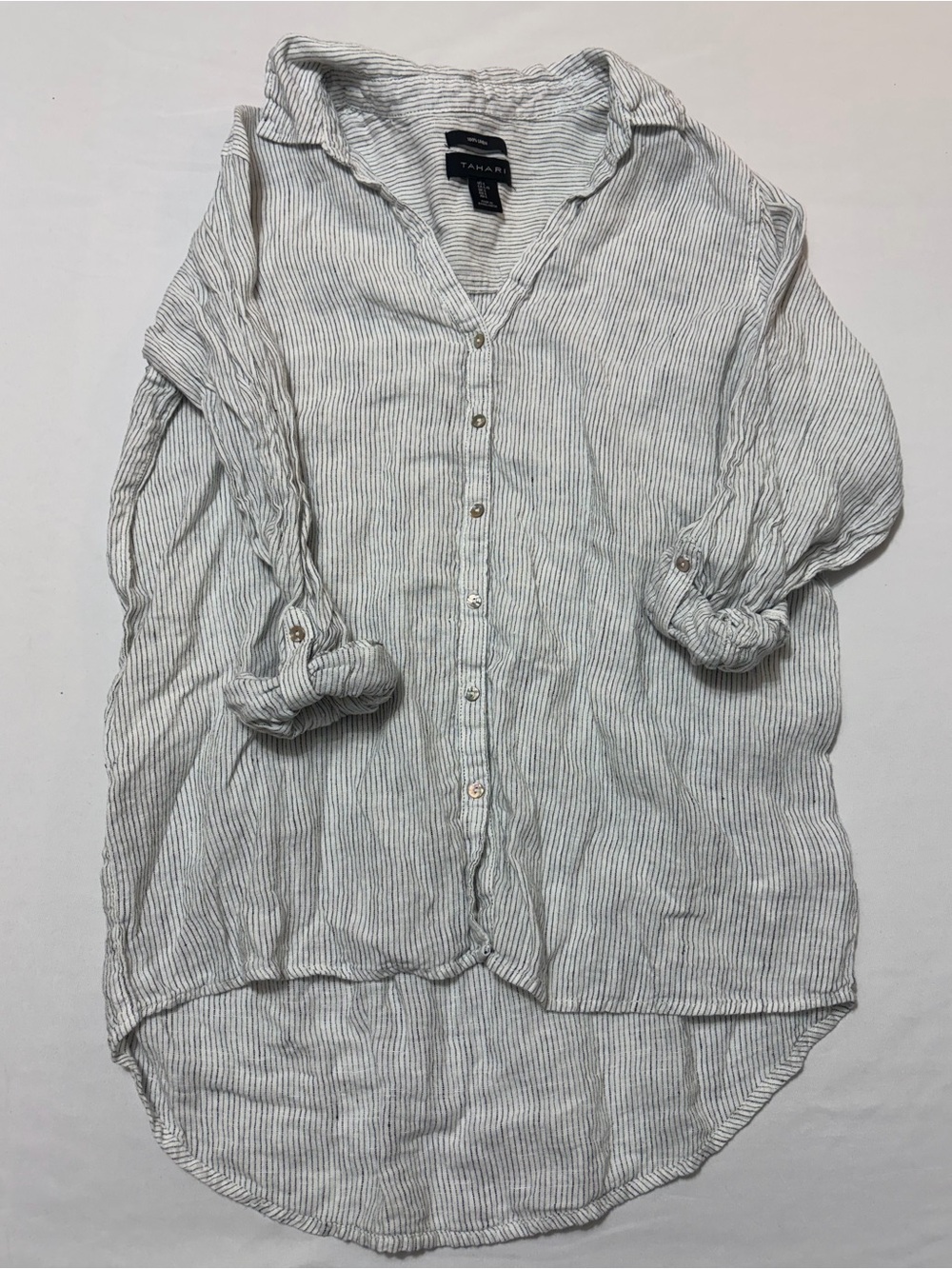 Tahari Womens Linen Button Down Shirt Large White Black Stripe Tunic High Low